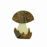 Handcrafted wooden mushroom figurine with a natural bark cap and base, set against a white background.