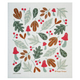 White Swedish dishcloth featuring an autumn pattern of leaves, mushrooms, and red berries.