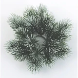Snow-dusted green artificial pine candle ring viewed from above on white.