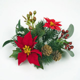 Holiday candle ring with red poinsettias, pinecones, green pine branches, and berries on a white background.