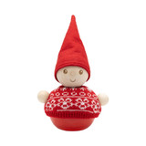 Wooden elf figure wearing a red felt cap and patterned red sweater.