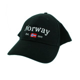 Black baseball cap with "Norway Est. 1905" and Norwegian flag embroidery.