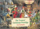 Hardcover book cover with detailed illustration of tomte elves gathered in a cozy cabin.