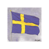 Waving Swedish flag on pole, purple and yellow, on textured gray background.
