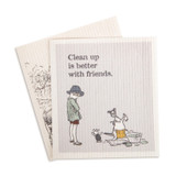 Two off-white Swedish dishcloths with Winnie the Pooh illustrations and text reading Clean up is better with friends.