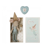 Maileg blue tooth fairy boy mouse with glitter hat and wand in matchbox, with tooth tin.