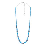 Aarikka blue and grey wooden bead necklace on a silver chain.