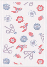 White organic cotton tea towel with red and blue Dala horse, flower, and strawberry motifs.