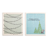 Set of two rectangular Swedish dishcloths with Winnie the Pooh holiday designs in blue and green.