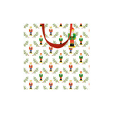 White small square gift bag featuring a repeating nutcracker and pine branch pattern with red ribbon handles and a die-cut