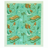 Teal Swedish dishcloth featuring a repeating pattern of winter sports gear like skis, sleds, and skates.