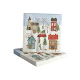 Package of folded paper napkins with a watercolor winter village scene including houses, trees, and a red car.