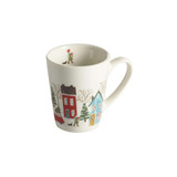 White ceramic mug with a winter village scene and a handle.