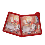 Two red-bordered fabric pot holders featuring a vintage Jenny Nystrom gnome illustration.