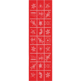 Vertical red table runner with woven white Christmas motifs in a grid pattern.