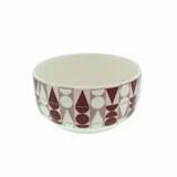 Ceramic breakfast bowl with geometric elf parade print in maroon and white.