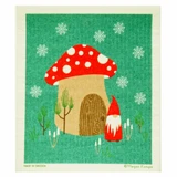 Green Swedish dishcloth featuring a red-capped mushroom house, a gnome, tiny trees, and snowflakes.
