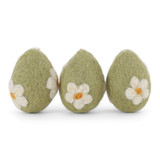 Three mint green felt egg ornaments with white flower details.