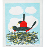 Swedish dishcloth featuring a graphic illustration of two robins in a nest against a blue sky with white clouds.