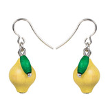 Pair of handmade Aarikka lemon-yellow maple wood drop earrings with green beads and silver hooks.