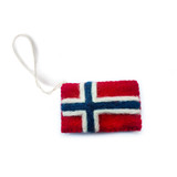 Felt Norway flag ornament with white hanging loop on white background.