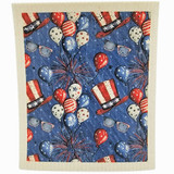 Patriotic Swedish dishcloth with Uncle Sam hats, red-white-blue balloons, and fireworks on blue.