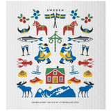 White dishcloth with colorful Swedish folk art: red horses, flags, dancers, and more.