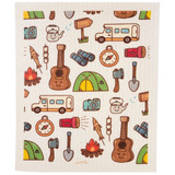 Swedish dishcloth featuring a playful pattern of colorful RV camping illustrations on a white background.