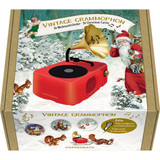 Red vintage-style gramophone with gold horn, shown on a snowy Christmas advent calendar box with illustrations.
