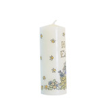 White pillar candle with floral Easter design and "Happy Easter" text.