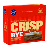 Red Fazer Rye Crisp box with stacked crackers, topped with tomatoes and cheese.