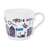 White porcelain mug with Norwegian icons: fish, houses, boats, flags, and berries.