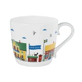 White fine bone china mug featuring colorful Swedish houses and a "Sweden" banner.