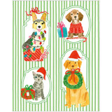 Watercolor Christmas cards featuring dogs and a cat with holiday decor on green stripes.