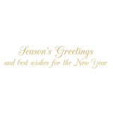 Gold foil calligraphy reading "Season's Greetings and best wishes for the New Year" on a white background.