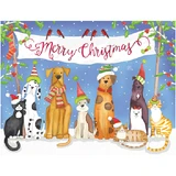 Holiday card featuring a banner reading "Merry Christmas" and festive pets.