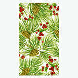 Pattern of pine branches with cones and red berries on white background