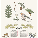 Watercolor-style botanical illustrations of leaves, a bird, and January/February 2026 calendars.