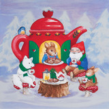 Watercolor illustration of gnomes and animals having tea by a giant red teapot.