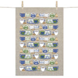 Linen tea towel with blue, green, and white coffee cup pattern; beige background.