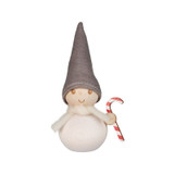 Wooden elf figurine with a gray felt hat, holding a candy cane.