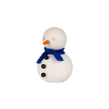 Wooden snowman figure with blue scarf, orange nose, and black buttons.