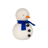 Wooden snowman figure with blue felt scarf, orange nose, black buttons, and painted eyes.
