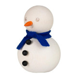 Wooden snowman figure, white with blue felt scarf, orange nose, black buttons, side view.