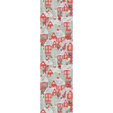 Red and white Tomtebyn table runner with gnomes and houses; cotton.