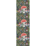 Dark blue table runner with repeating mushroom forest scene; red, white, green, and brown. Woven cotton.