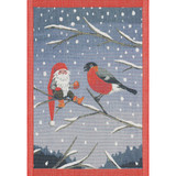 Red-framed kitchen towel with a winter scene: Santa-like figure and a red bird on a snowy branch. Woven cotton.