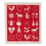 Red and white Swedish dishcloth with Christmas-themed folk art design; cellulose and cotton blend.