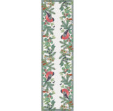 Table runner with bullfinches, evergreen branches, berries, and pinecones; woven cotton, off-white background.