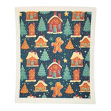Swedish dishcloth with gingerbread house pattern; blue background, houses, trees, gingerbread men.